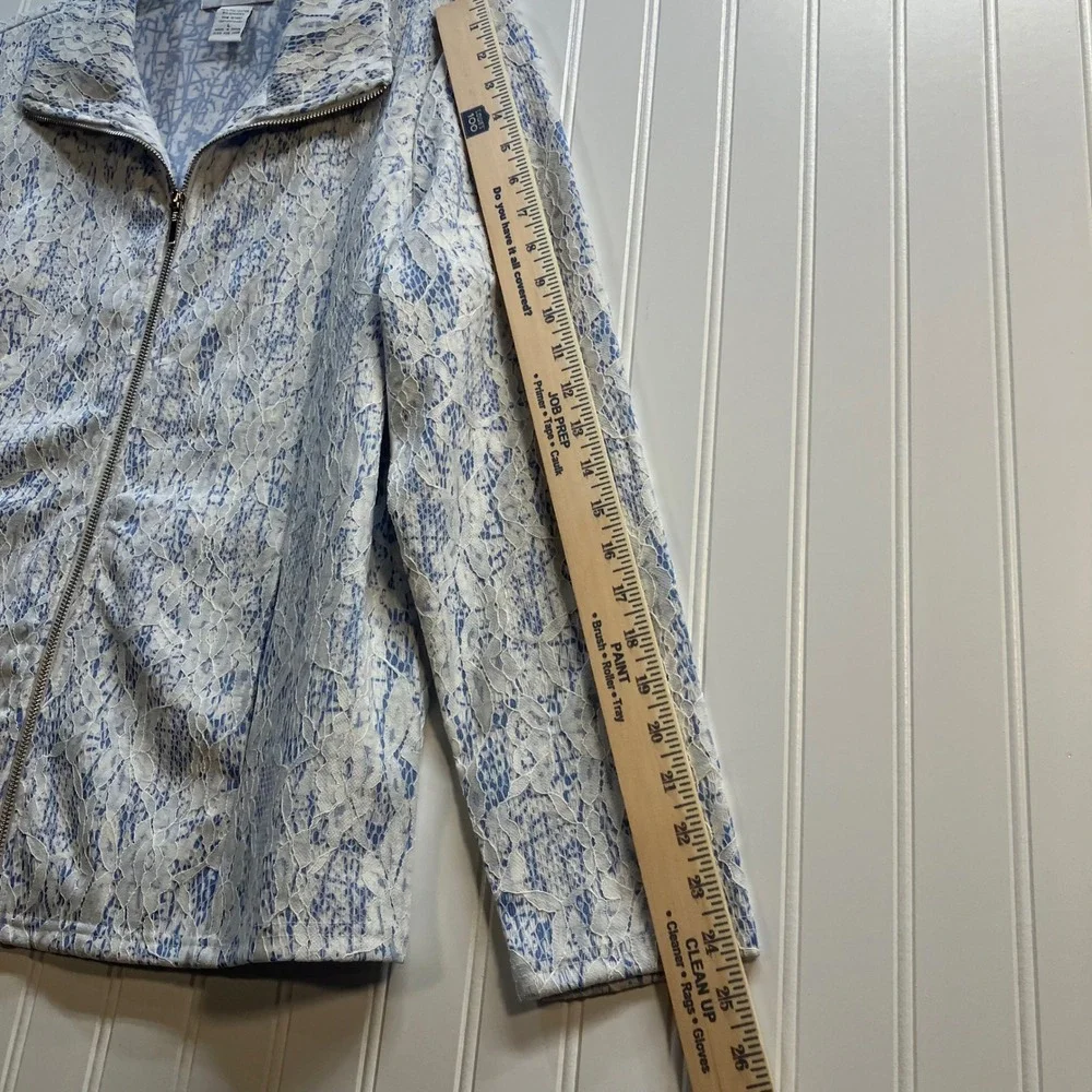 Grandmacore‎ Whimsy Fairycore Womens Blue White Lace Full Zip Jacket Mock Neck L